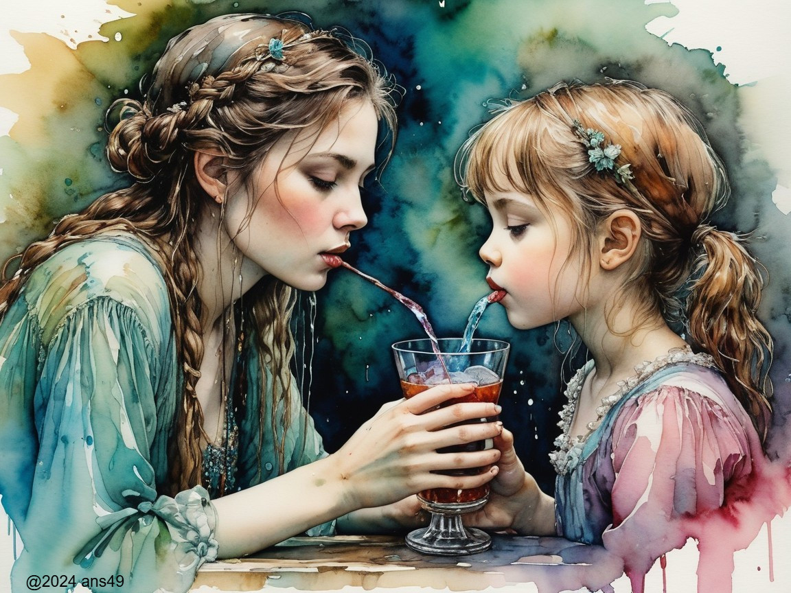 Tender Moment Between Woman and Girl with Drinks