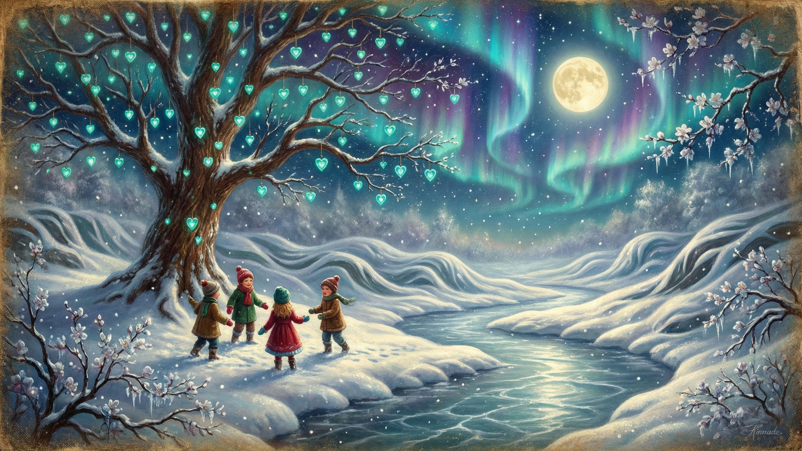 Children Playing in a Snowy Landscape at Night