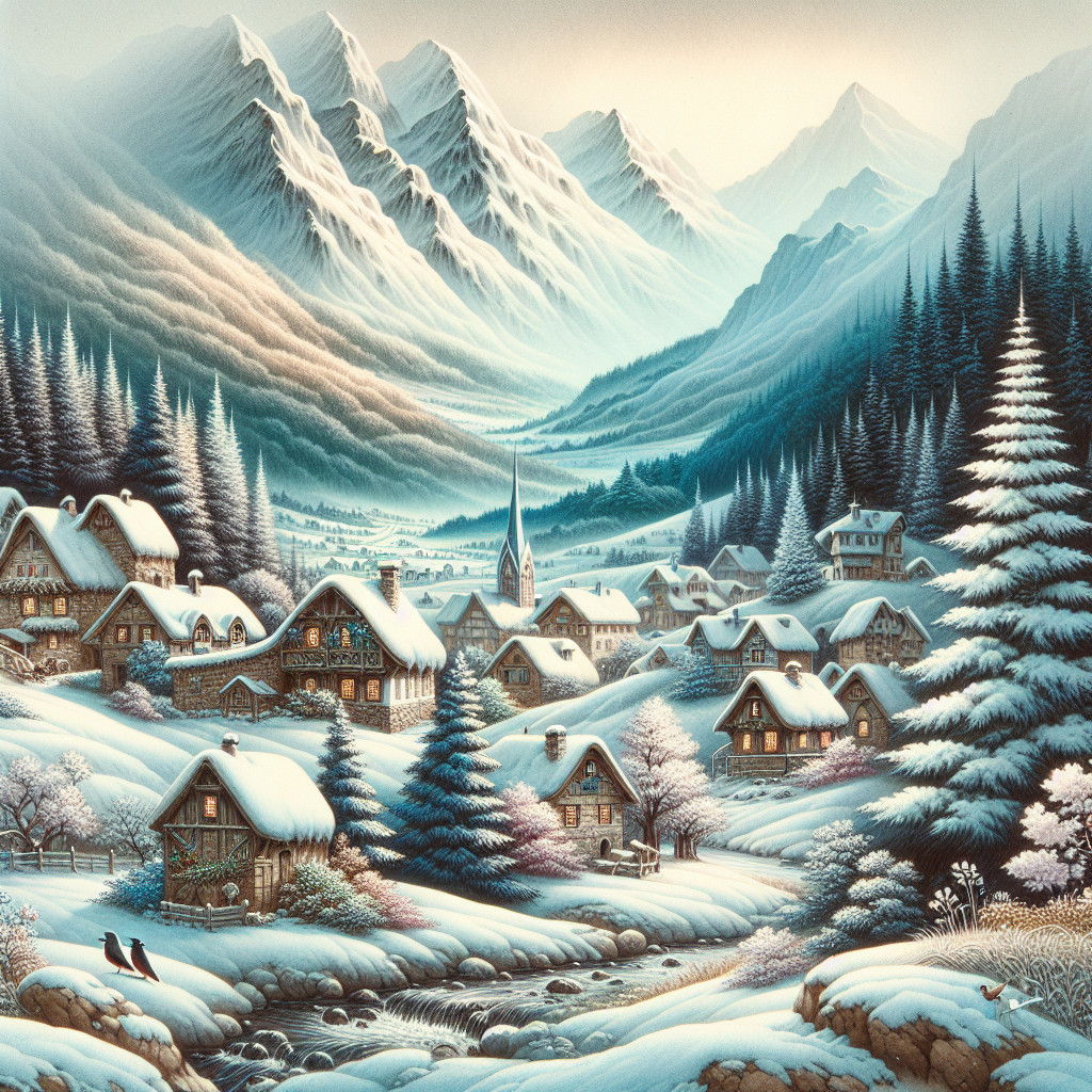 Winter Village Surrounded by Snow-Capped Mountains