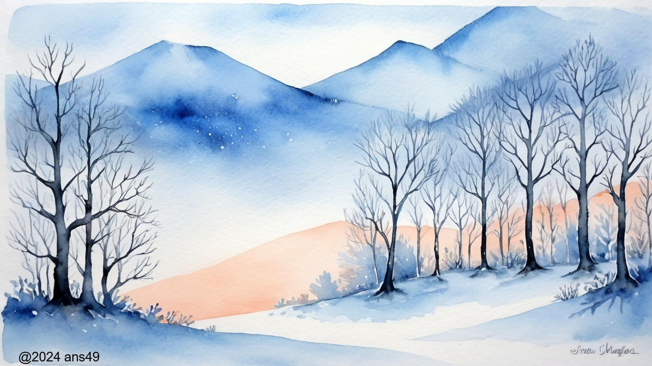 Serene Watercolor Landscape with Blue Mountains