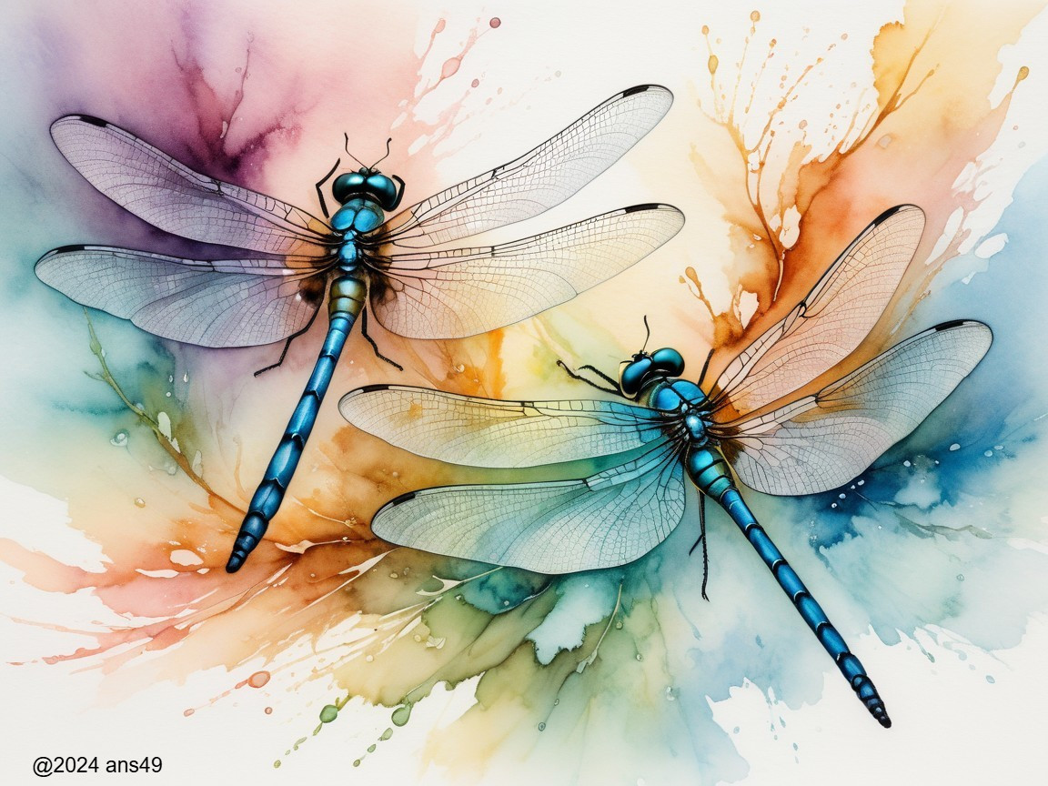 Vivid Dragonflies Against Colorful Watercolor Background