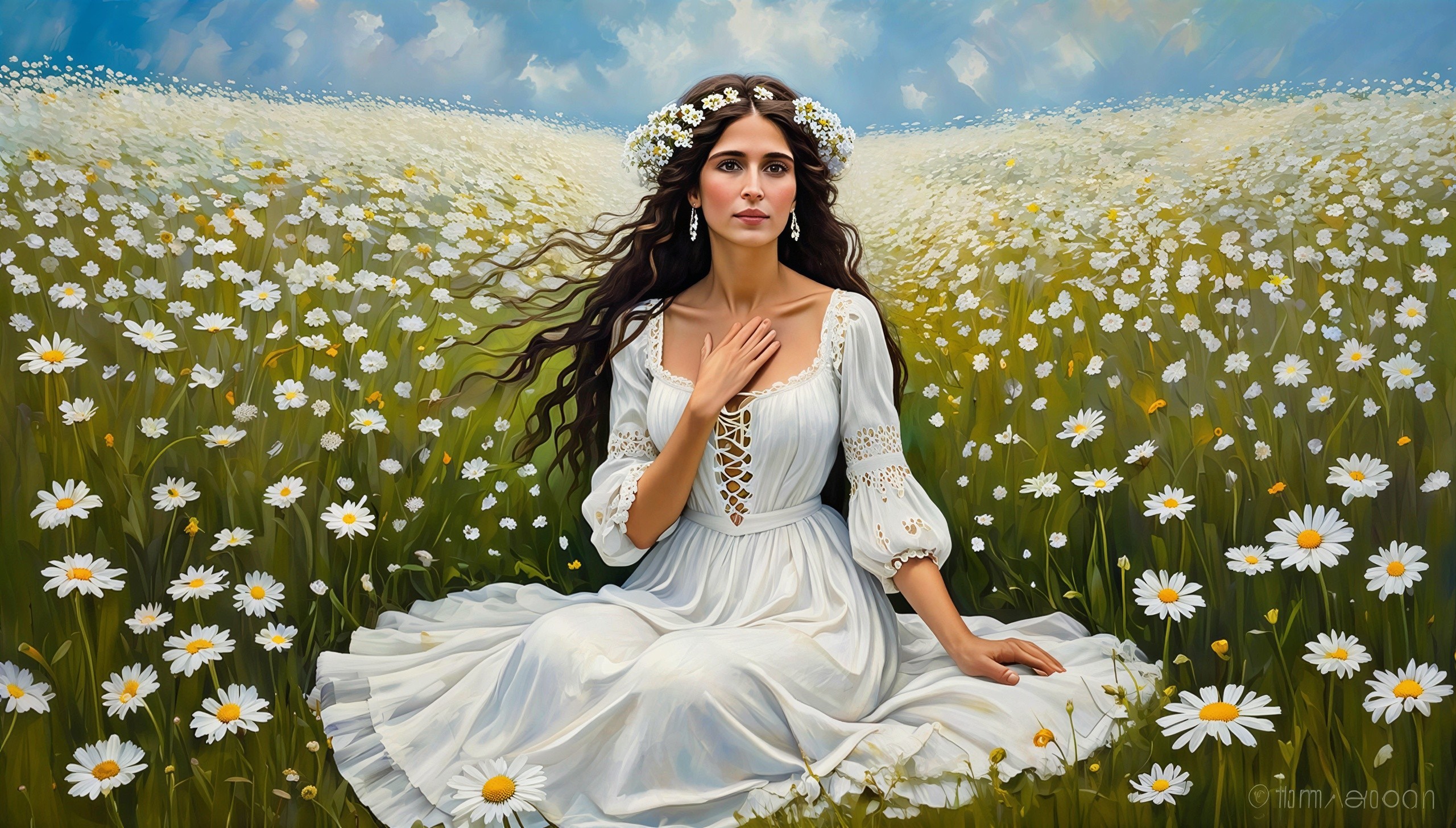 Woman in White Dress Surrounded by Daisies in Field