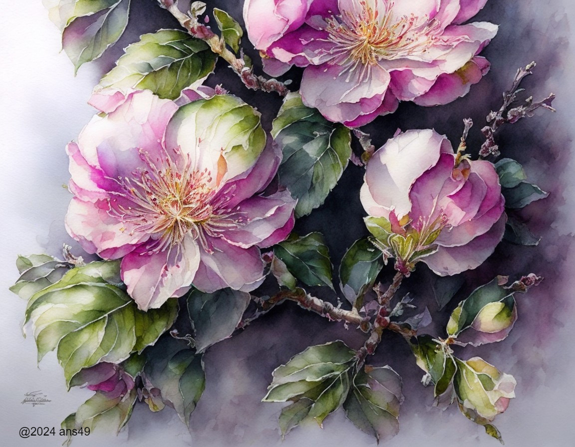 Watercolor Painting of Blooming Flowers with Details