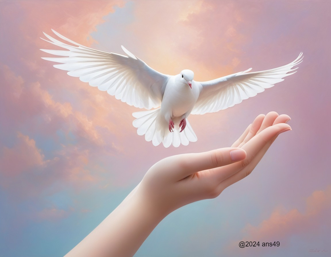 White Dove in Flight from Human Hand with Pastel Background