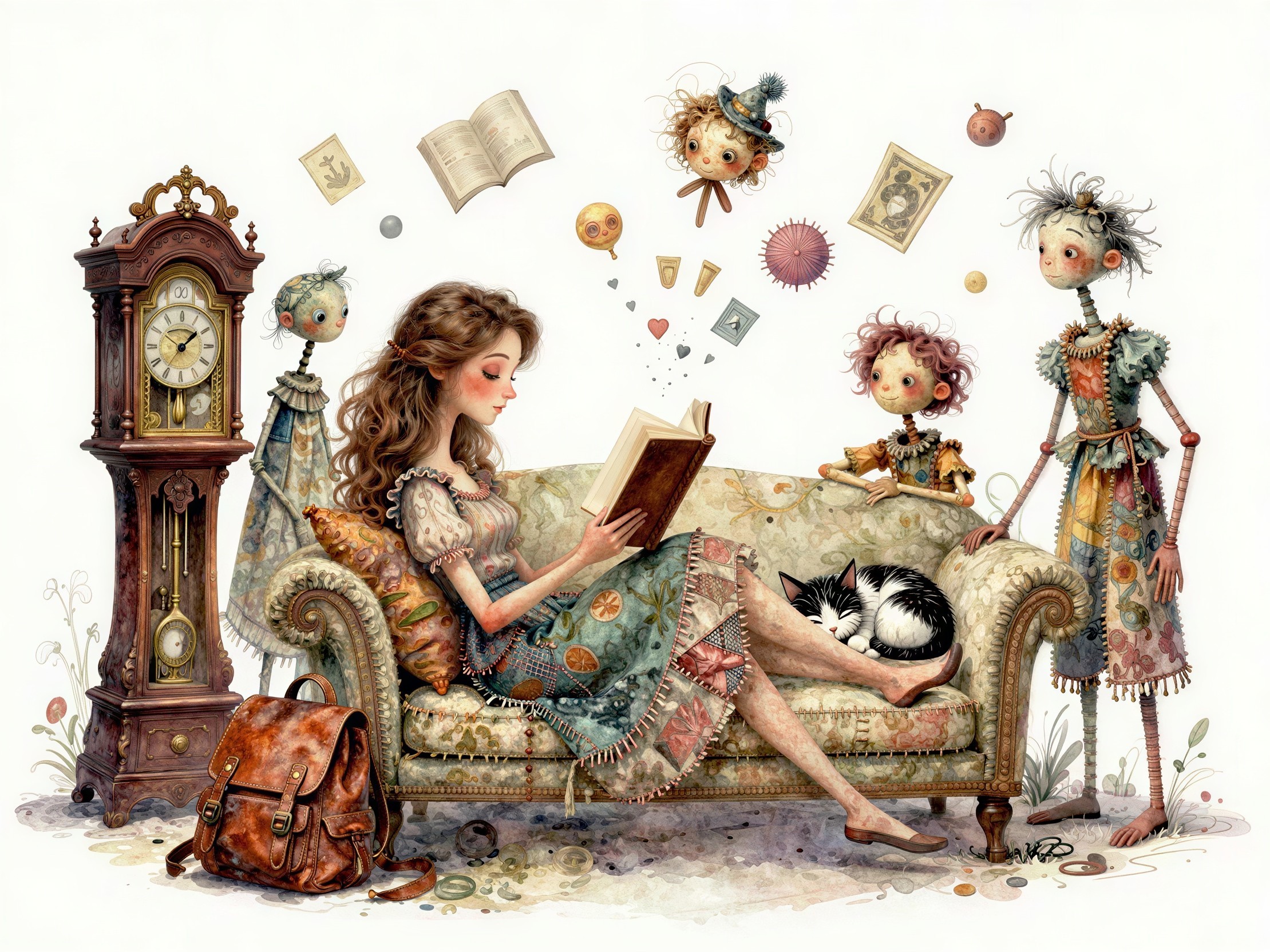 Whimsical Watercolor of Woman Reading on Floral Sofa