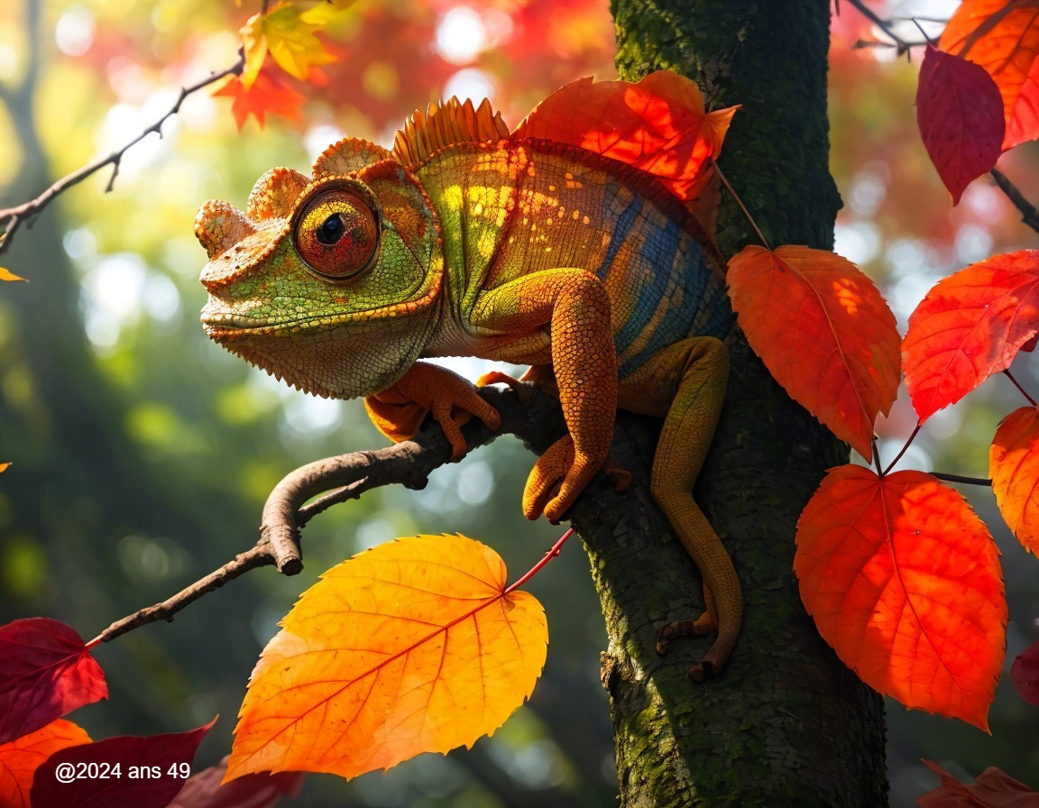 Chameleon on Tree Branch Amidst Autumn Leaves