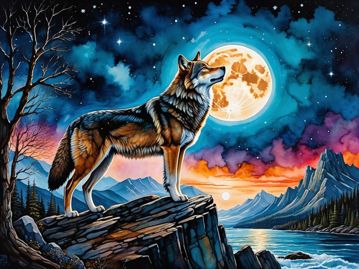 Wolf Howling at Full Moon Over Dusk Landscape
