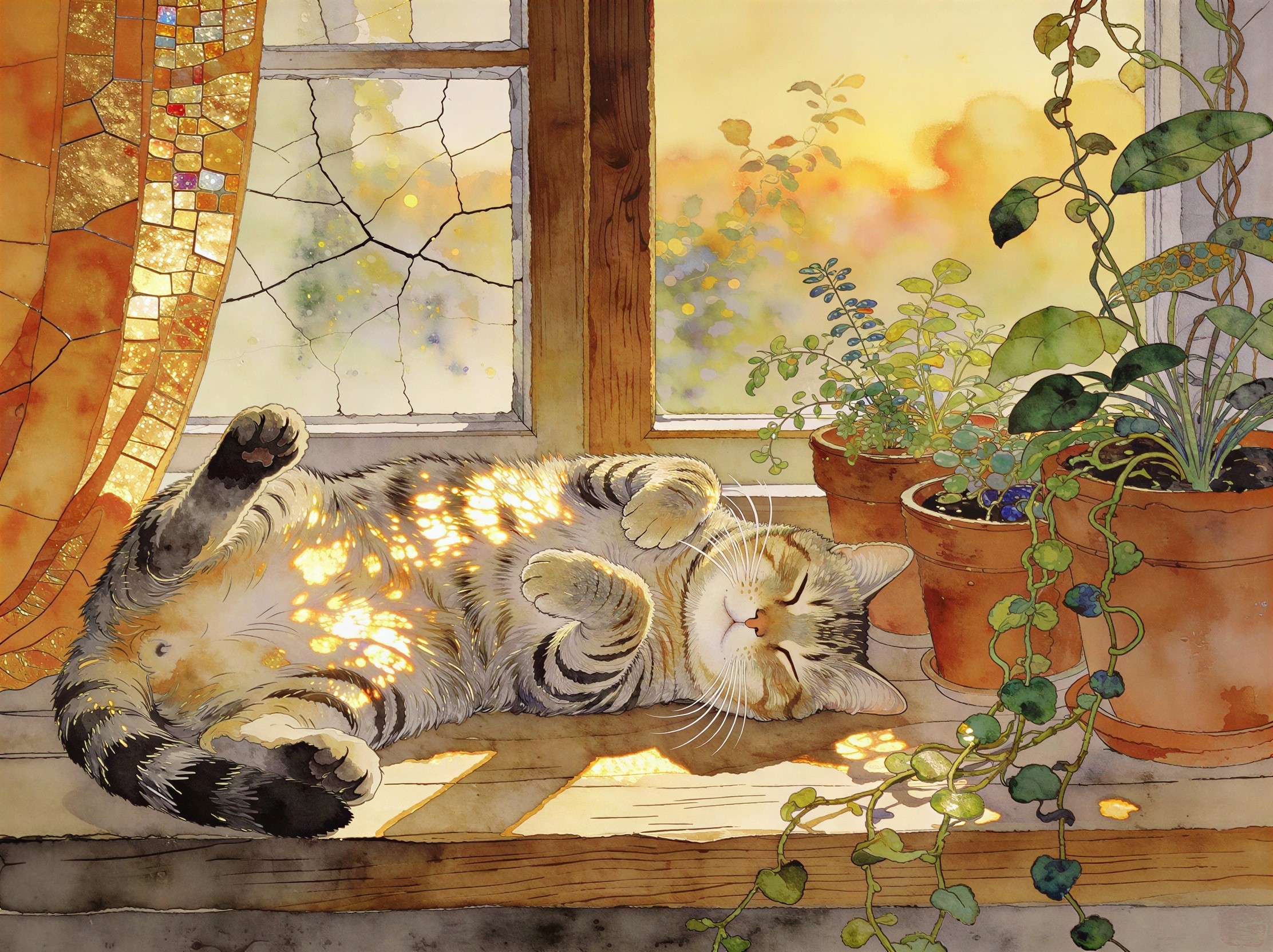 Sleeping Tabby Cat on Window Sill with Sunlight