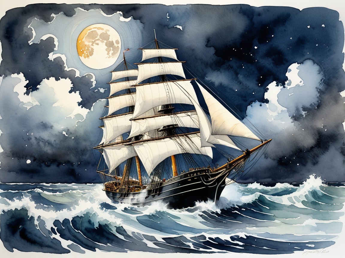 Three-Masted Ship Sailing Through Stormy Waves at Night