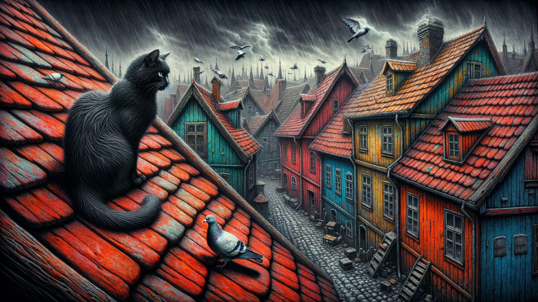 Black Cat on Rooftop Overlooking Colorful Houses