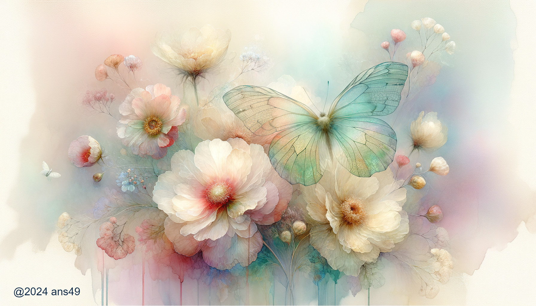Pastel Flowers with Ethereal Butterfly in Soft Hues