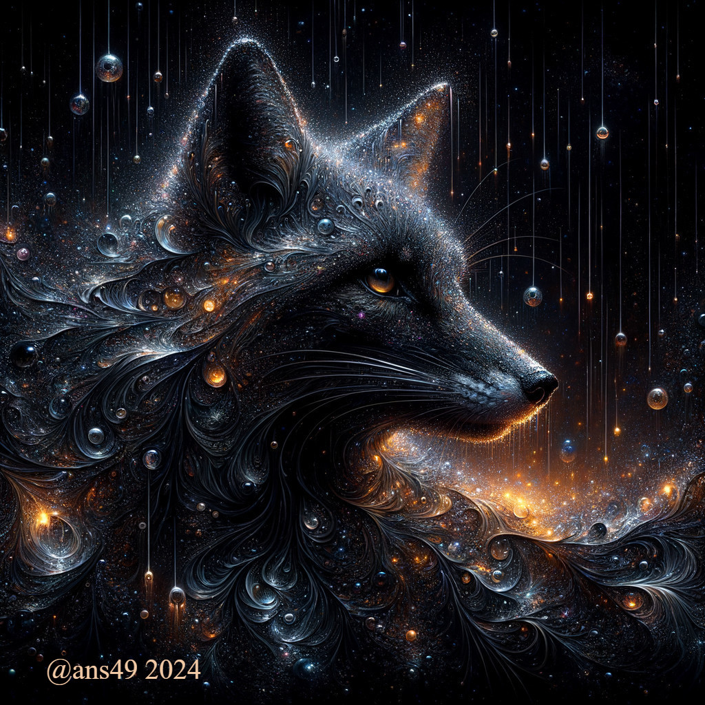 Cosmic-themed digital art: Fox with starry fur in celestial background