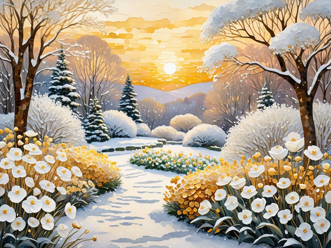 Winter Landscape with Snowy Path and Flower Gardens