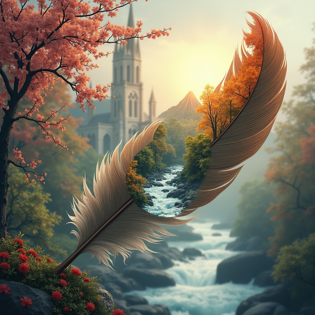 Detailed Feather with Scenic River and Cherry Blossoms