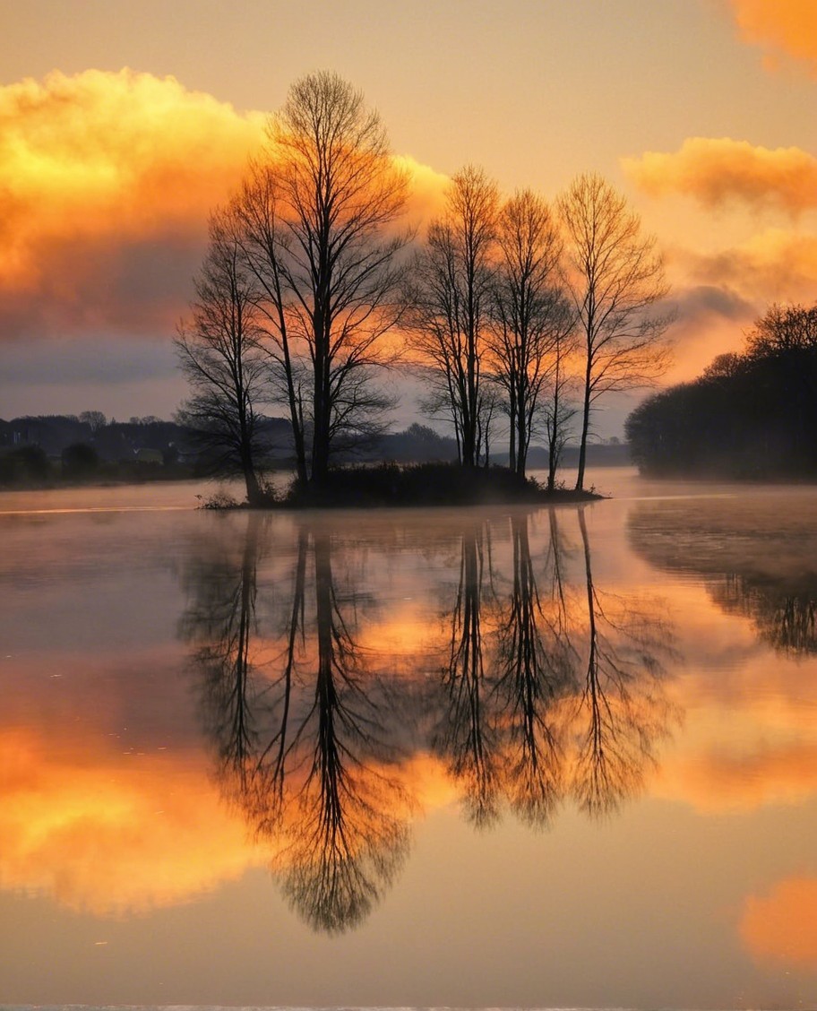 Serene Dusk Landscape with Silhouetted Trees and Lake