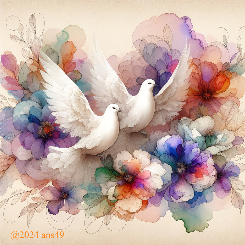 White Doves in Flight Surrounded by Floral Watercolors