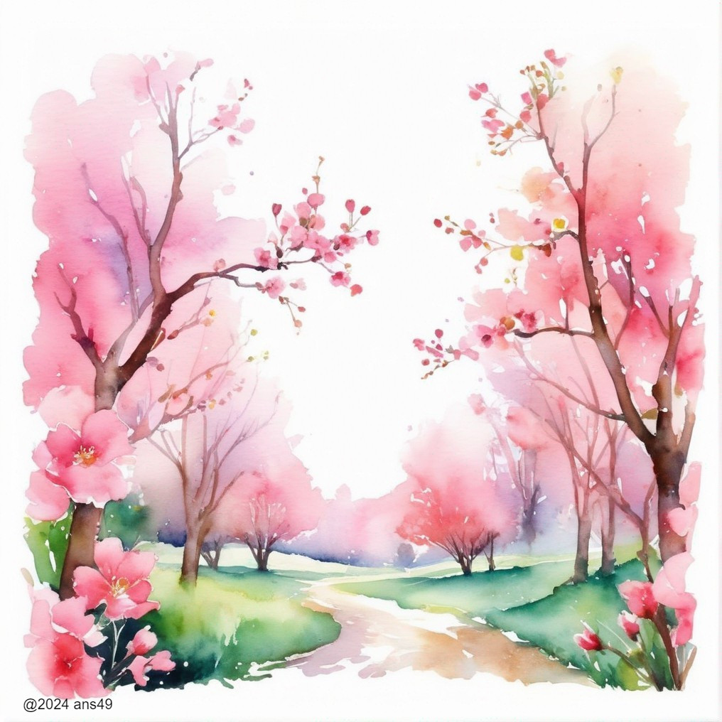 Watercolor Pathway with Cherry Blossom Trees