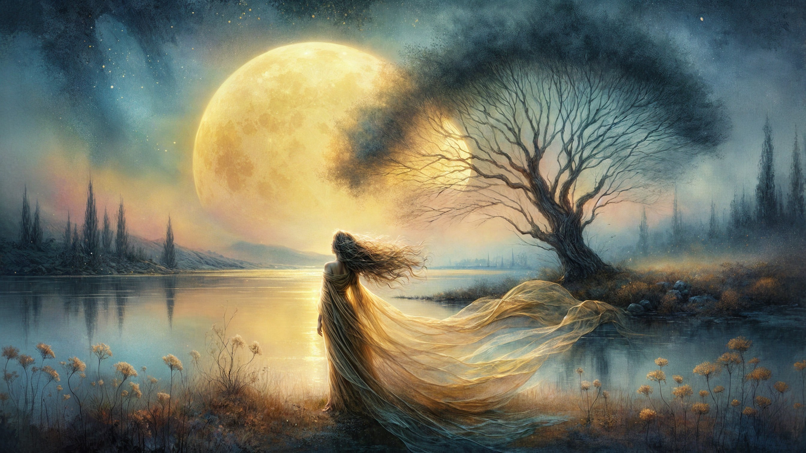 Moonlit Landscape with Mystical Figure by Tranquil Lake