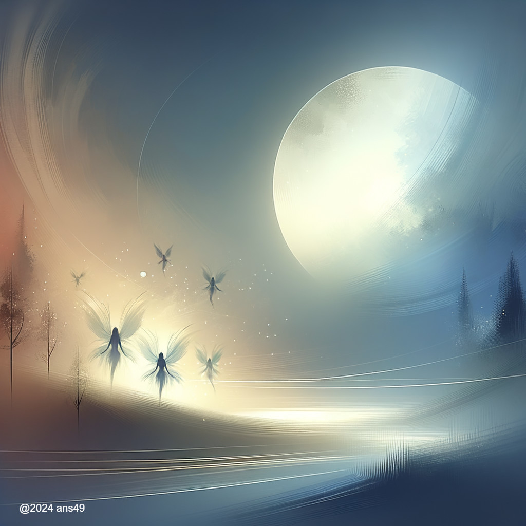 Serene Landscape with Full Moon and Silhouetted Fairies