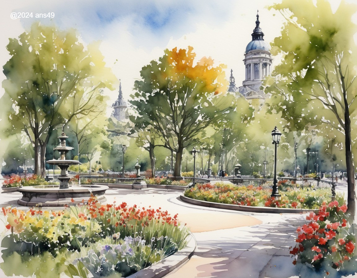 Vibrant Park Scene with Trees, Flowers, and Fountain