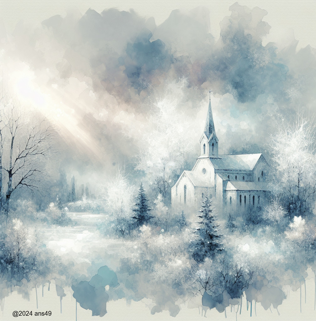 Serene Winter Landscape with Church and Snowy Trees