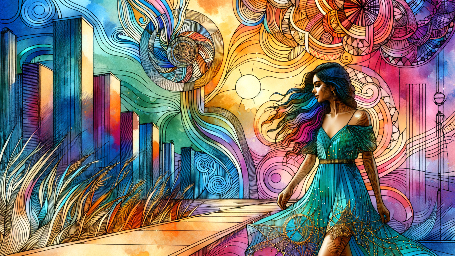 Vibrant illustration of a woman in turquoise dress in city