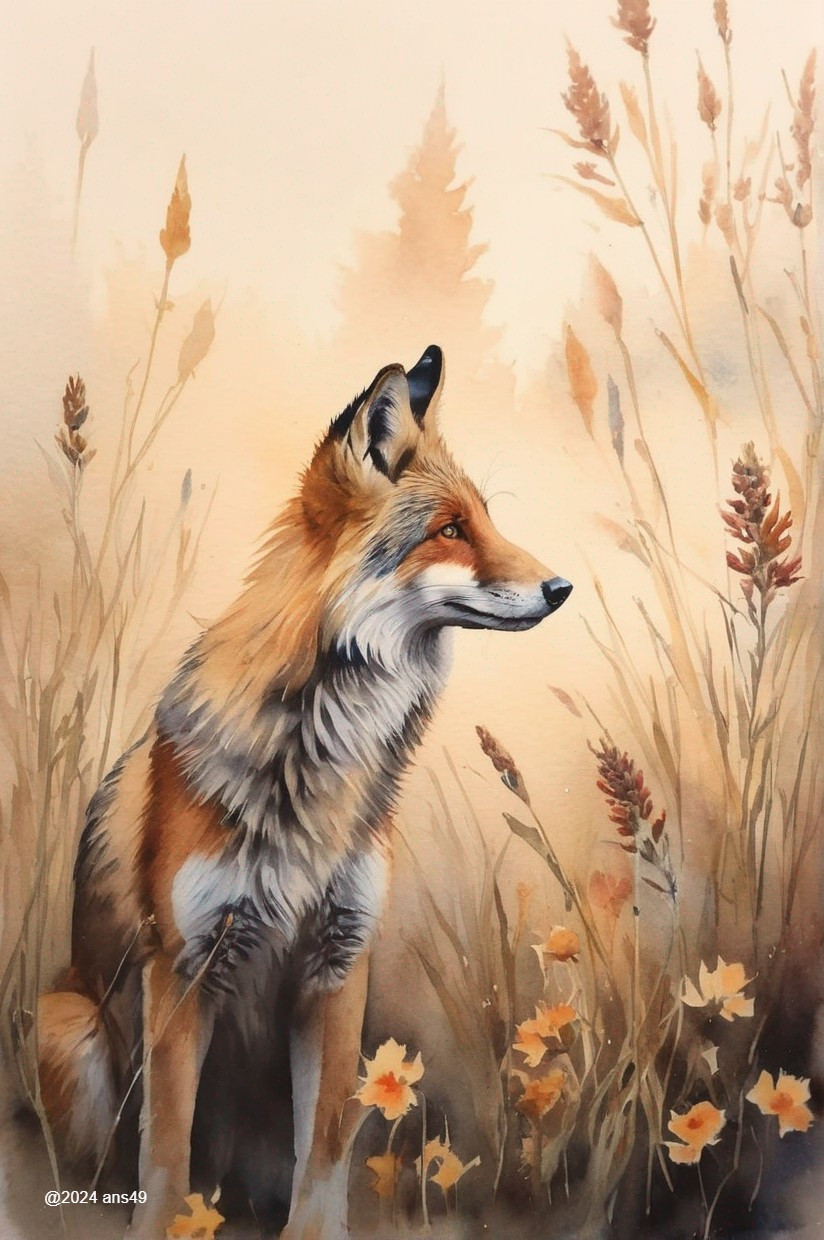 Watercolor Painting of a Fox in Grassy Landscape