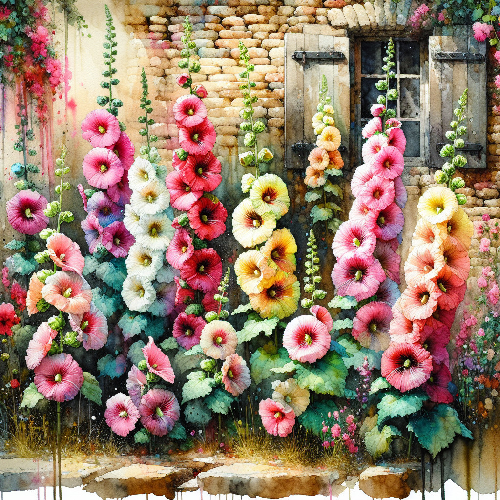 Vibrant Watercolor of Blooming Hollyhocks and Garden