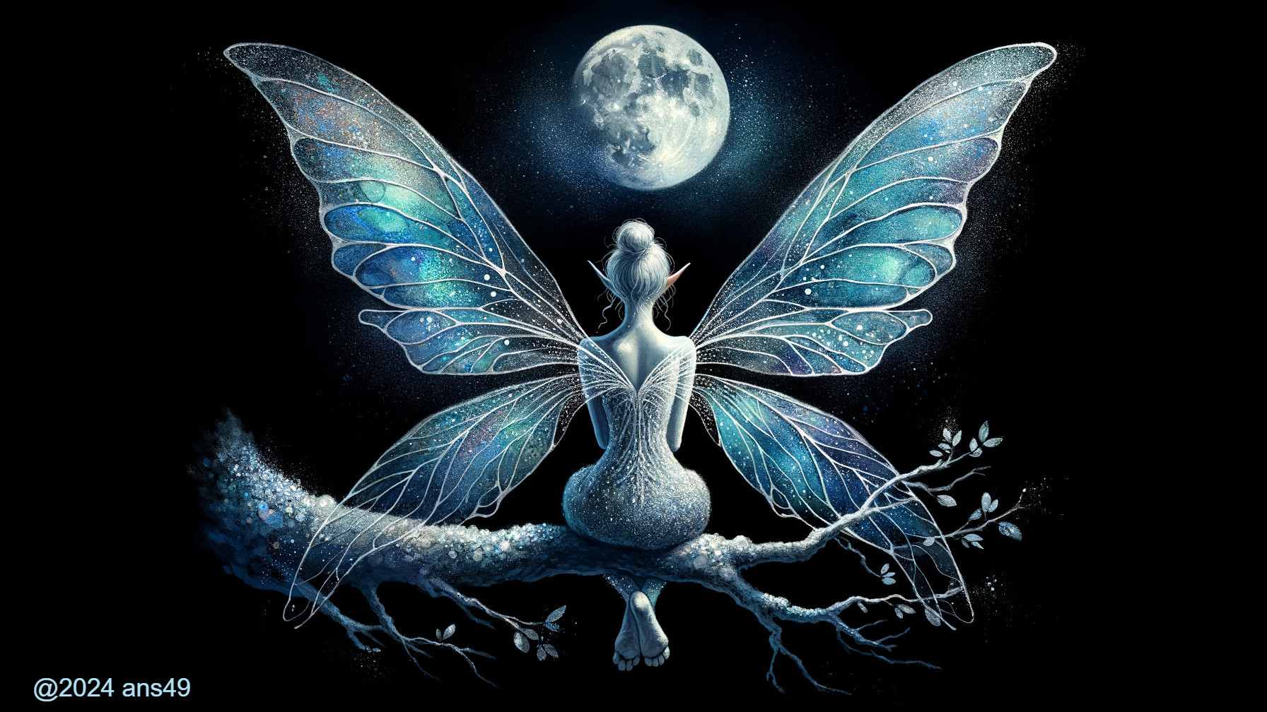 Mystical Fairy on Branch Under Luminous Full Moon