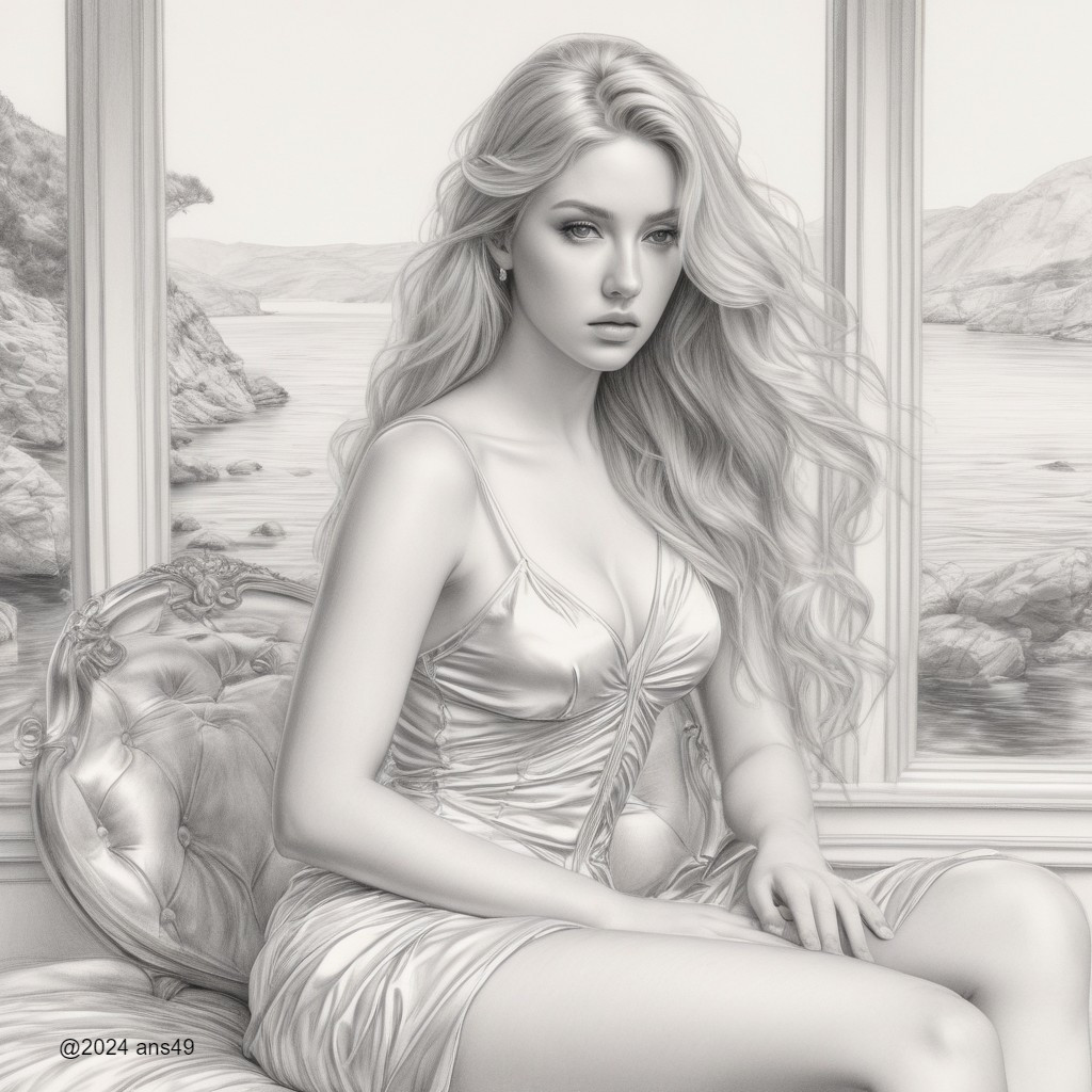 Black-and-white illustration of a woman by a window