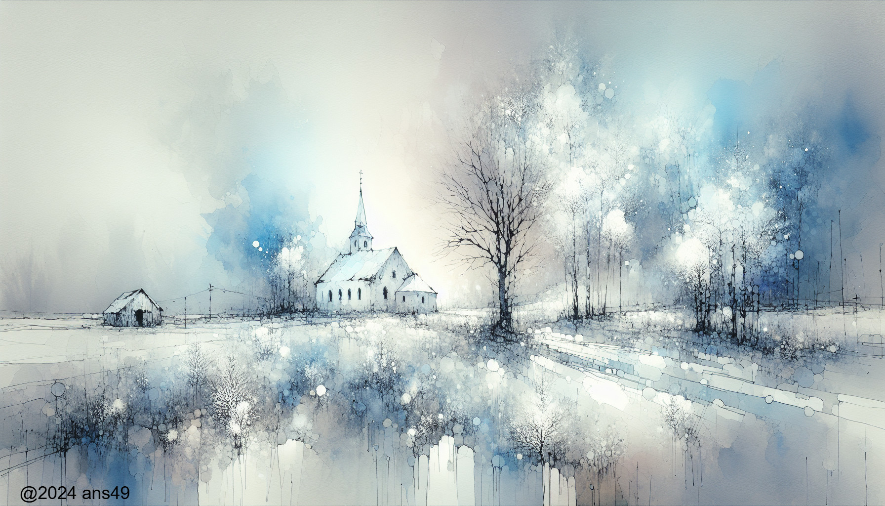 Winter Landscape with Church and Snowy Serenity