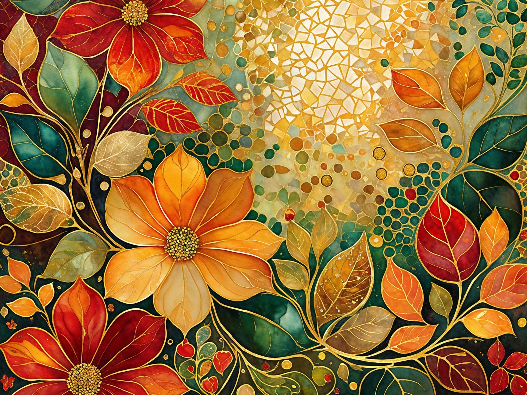 Mosaic Artwork of Colorful Flowers and Green Leaves