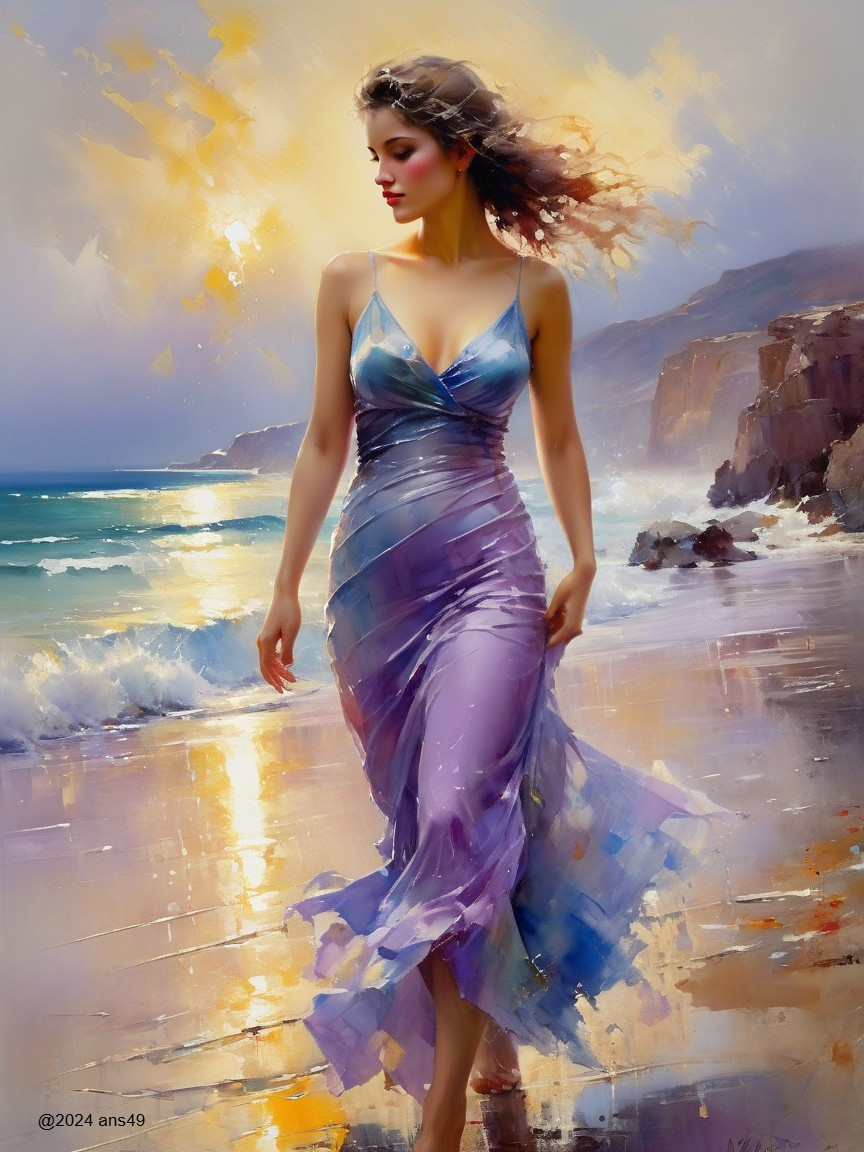 Serene Beach Sunset with Woman in Lavender Dress