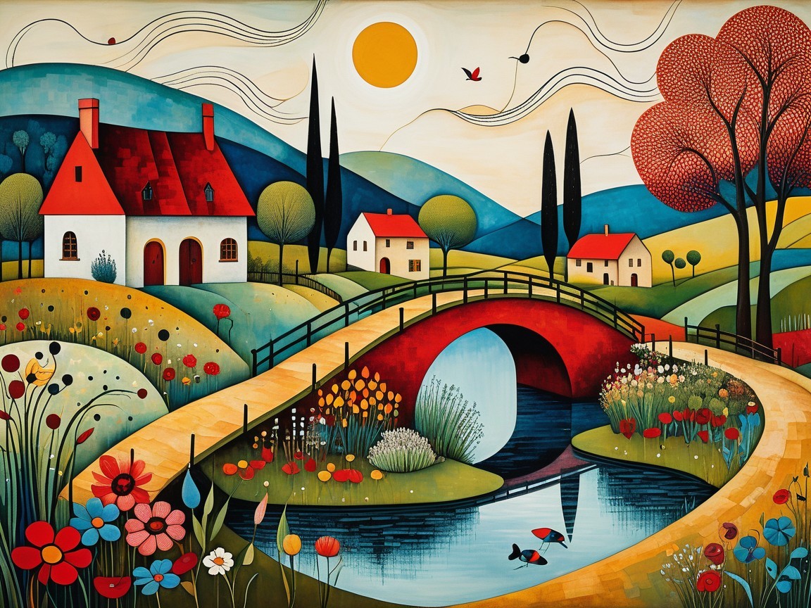 Whimsical Countryside Scene with Colorful Village and River