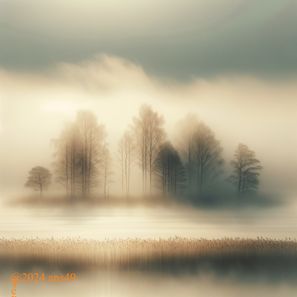 Serene misty landscape with trees by water's edge