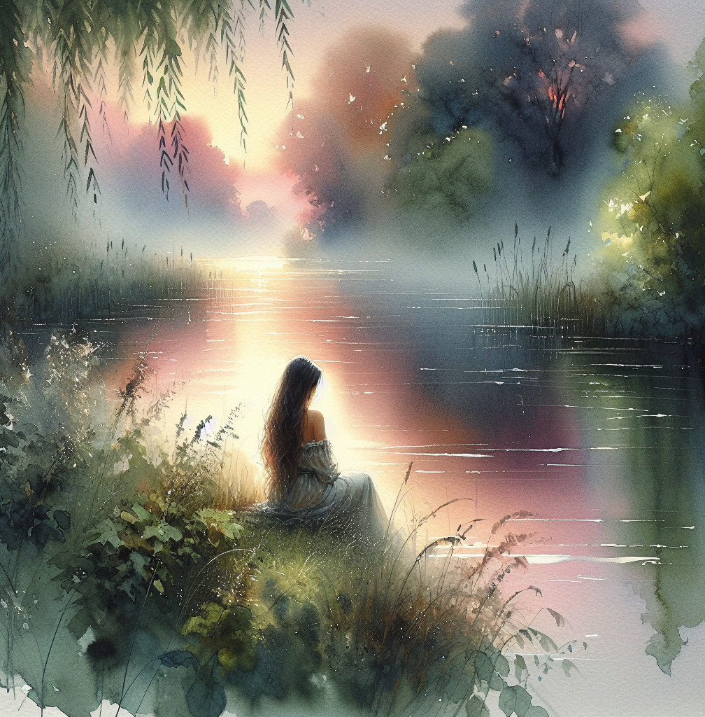 Tranquil Watercolor Scene of River at Sunset