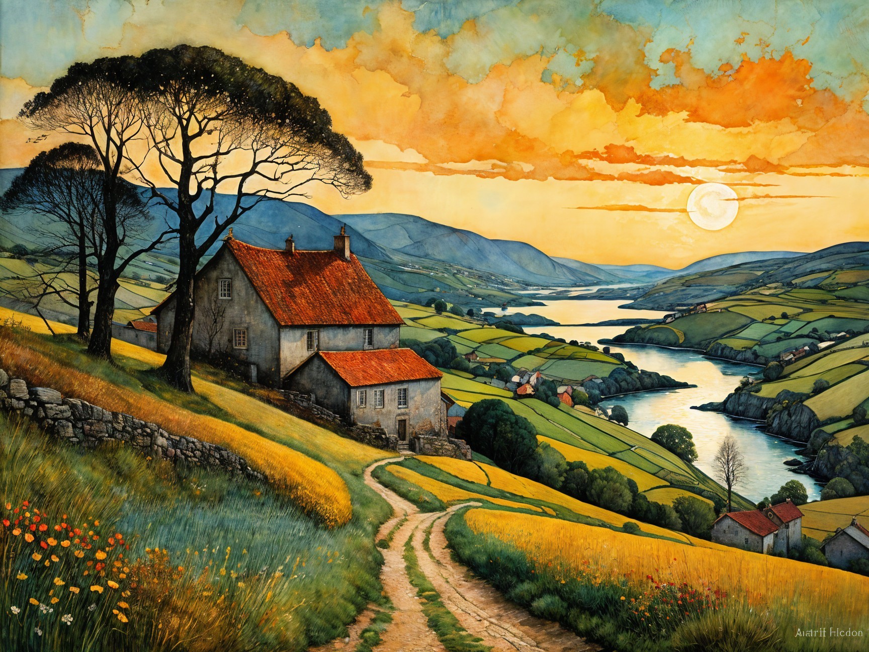 Serene Sunset Landscape with House and River