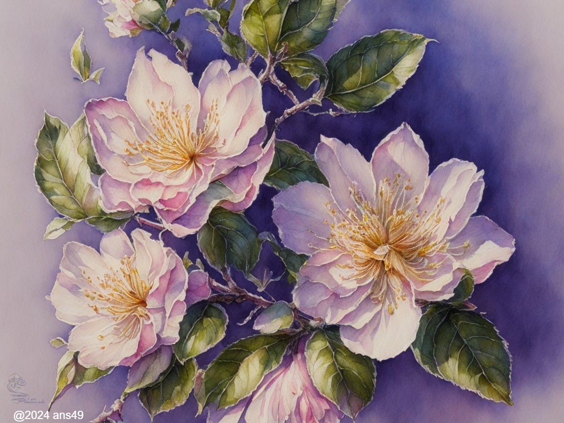 Watercolor Painting of Pink Flowers on Purple Background