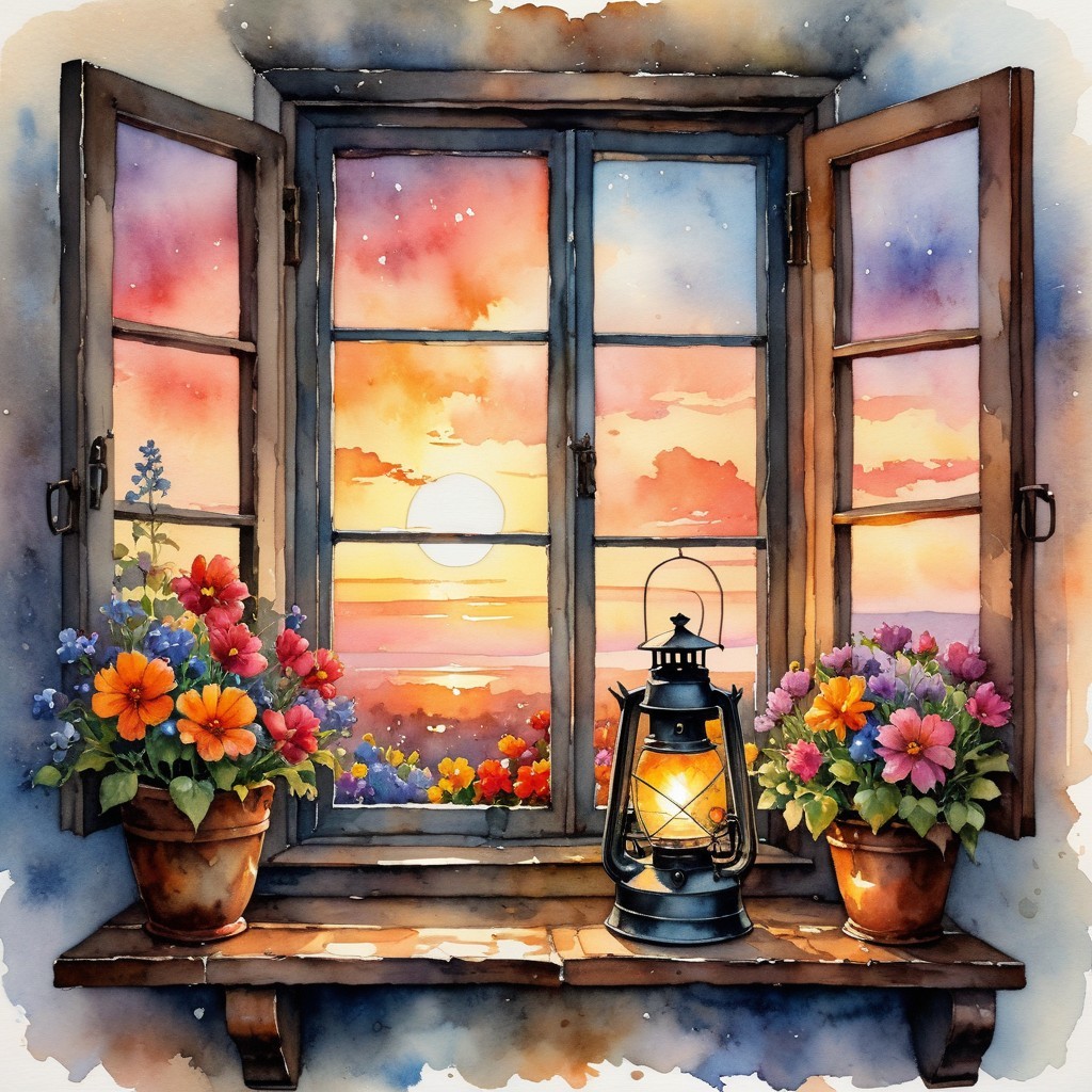 Watercolor Painting of Sunset Through Open Window