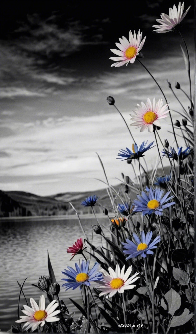 Vibrant Lakeside Scene with Daisies and Calm Water