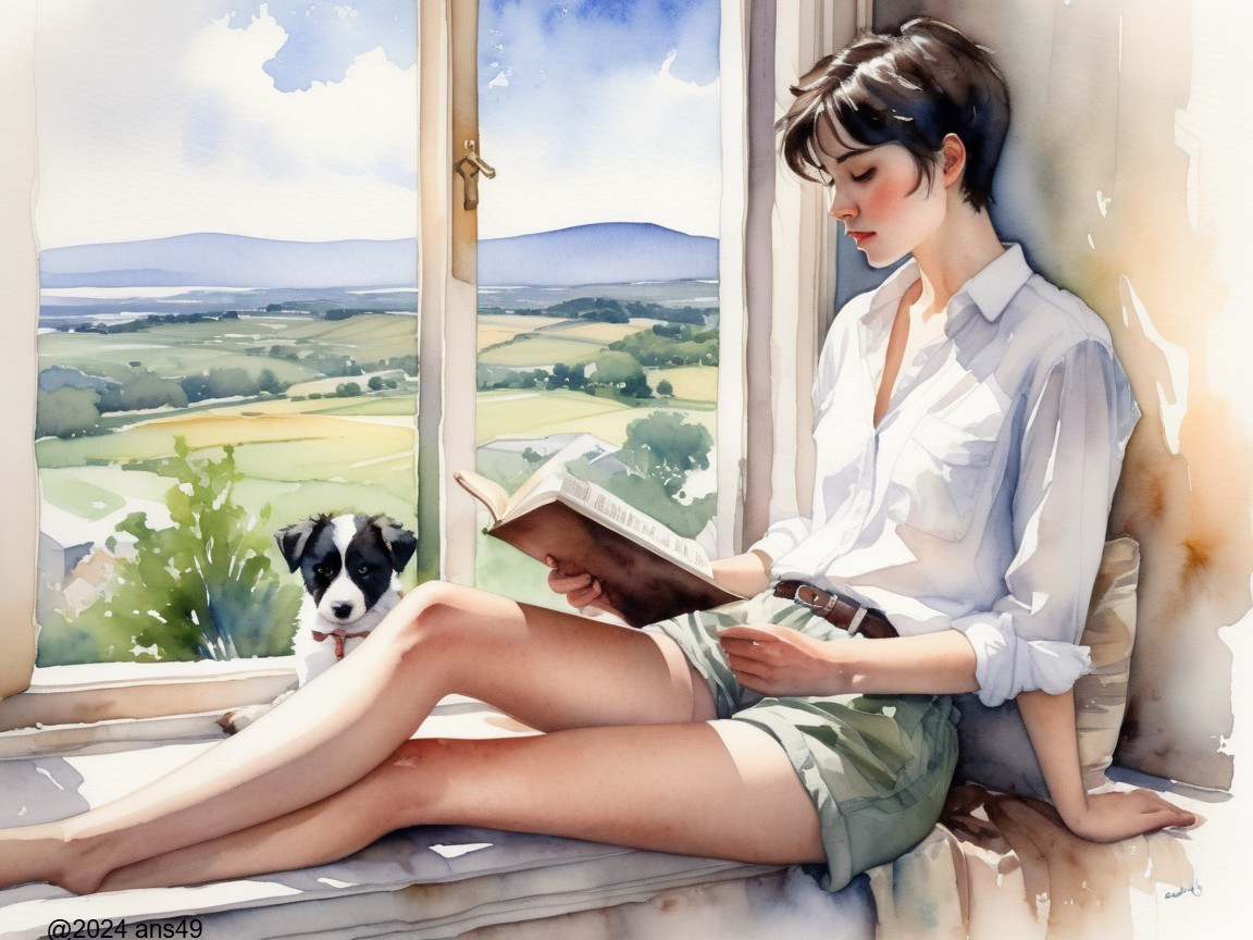 Young woman reading by sunlit window with dog