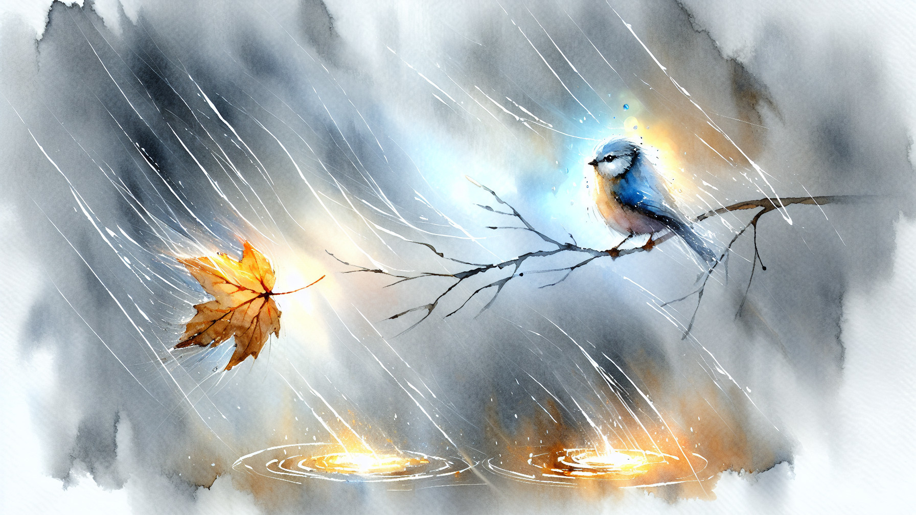 Watercolor Scene of Bird, Leaf, and Rainfall