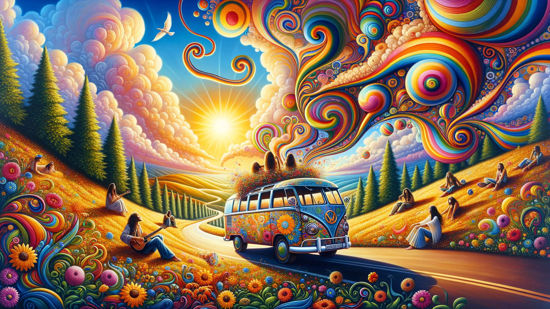 Psychedelic Landscape with VW Bus and Colorful Flora