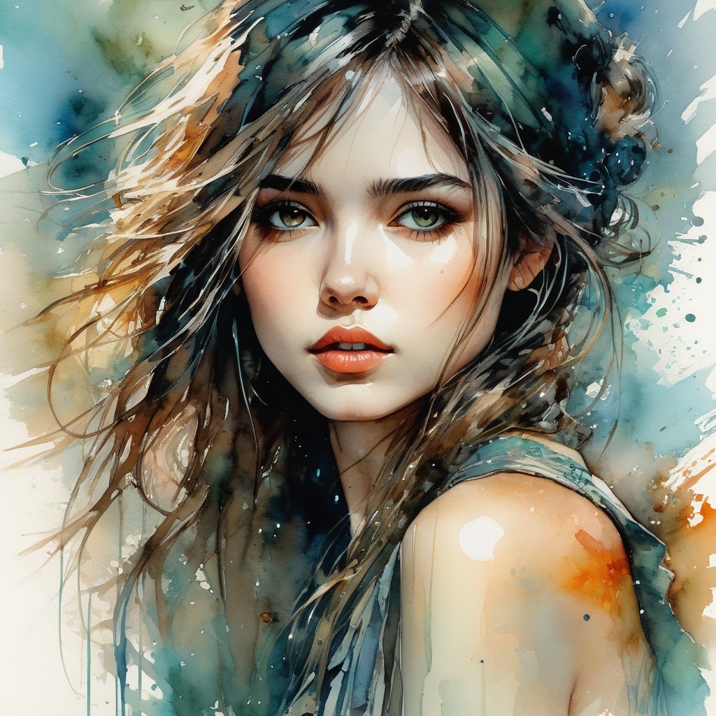 Watercolor Portrait of a Young Woman with Green Eyes