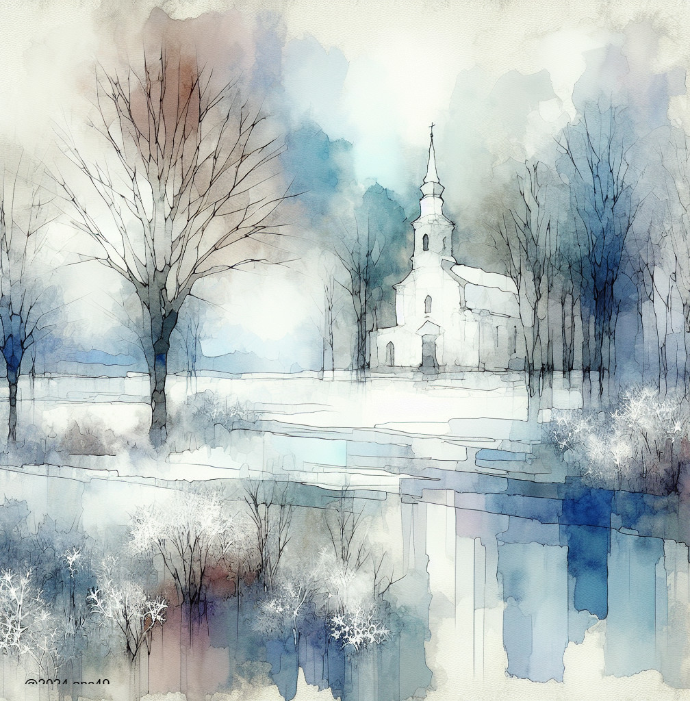 Serene Winter Landscape with Church and Reflection