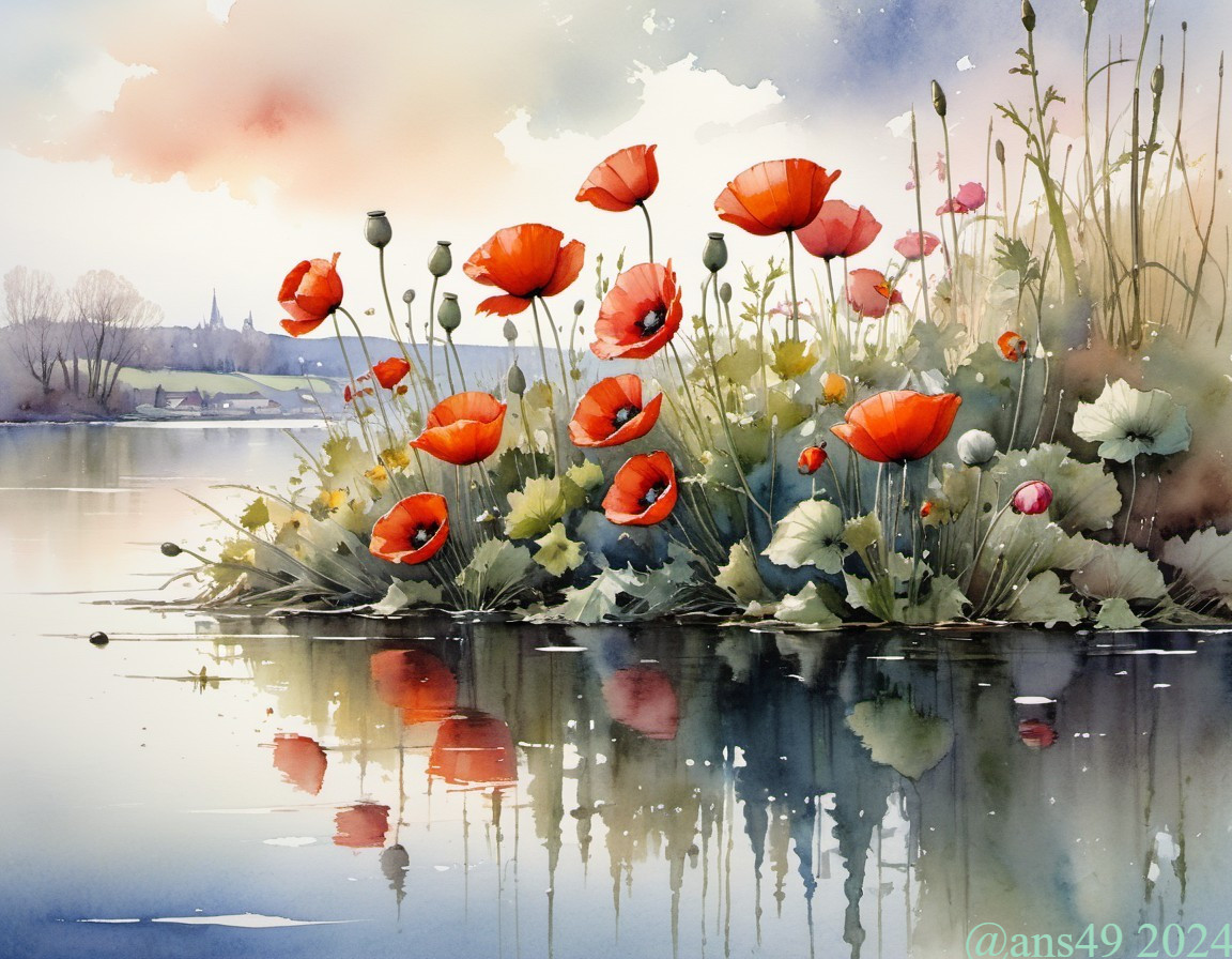 Vibrant poppies and flowers by tranquil water with sky reflection in soft landscape.
