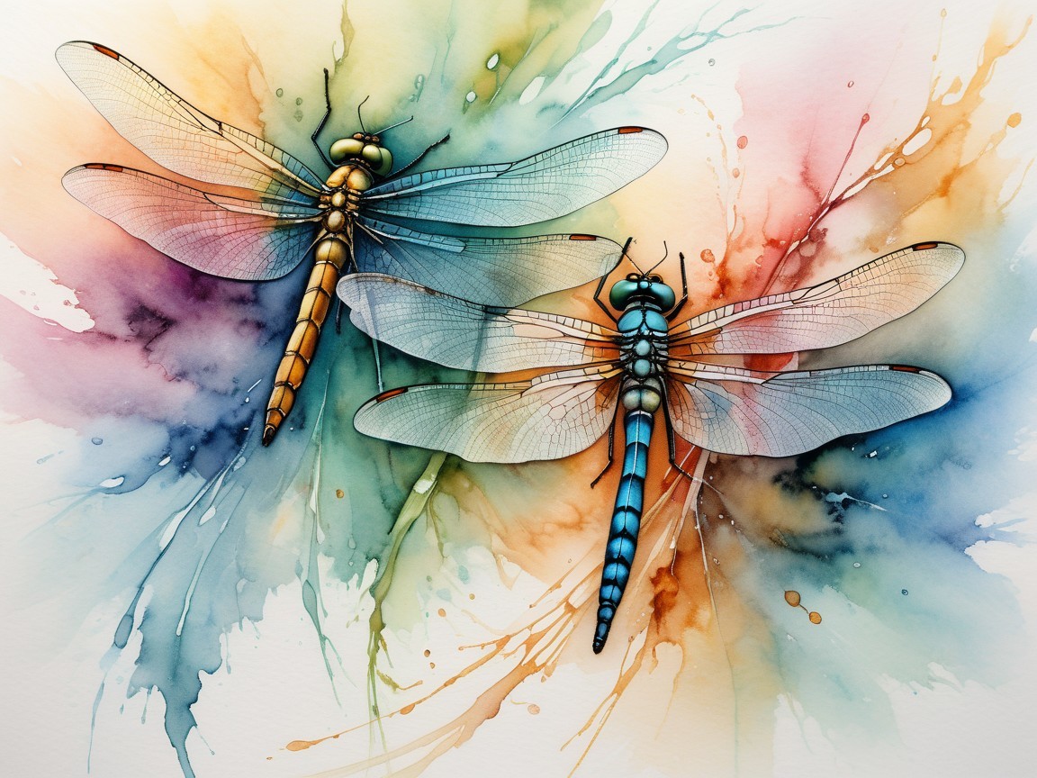 Watercolor Painting of Colorful Dragonflies in Pastels