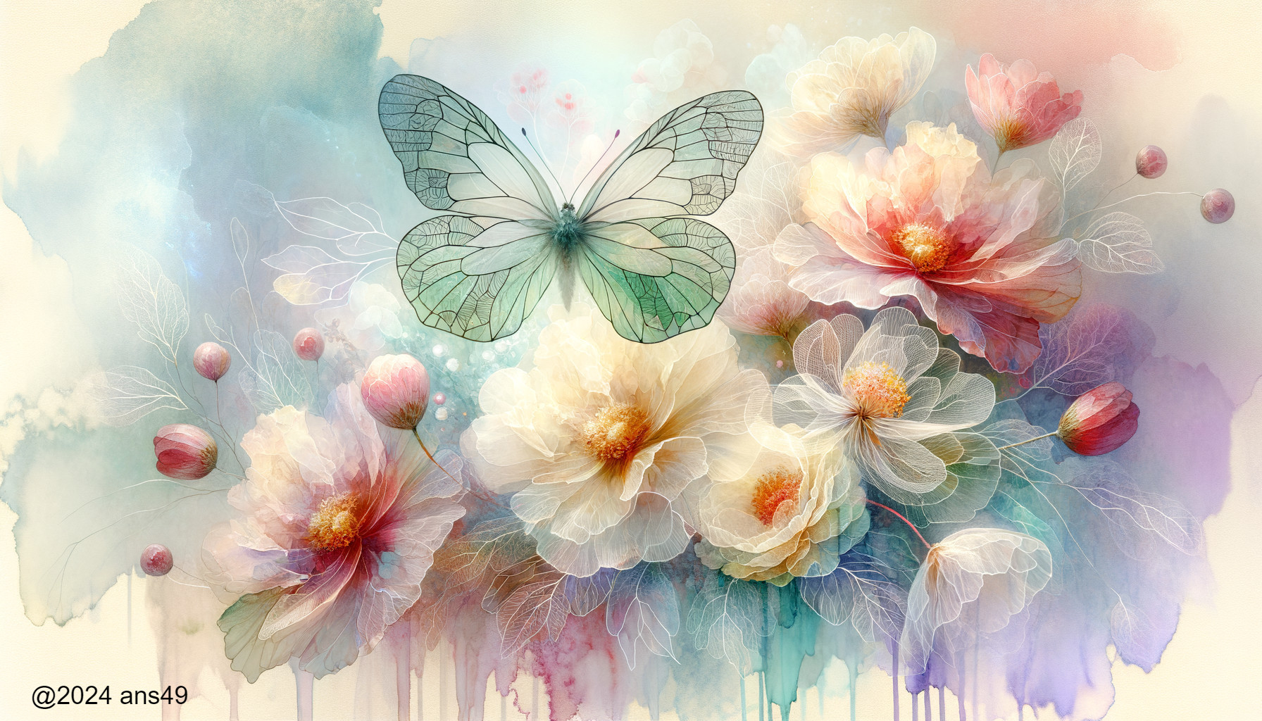 Translucent Butterfly Above Blooming Pastel Flowers