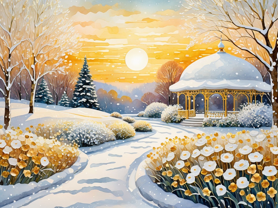 Watercolor Painting of a Winter Landscape with Gazebo