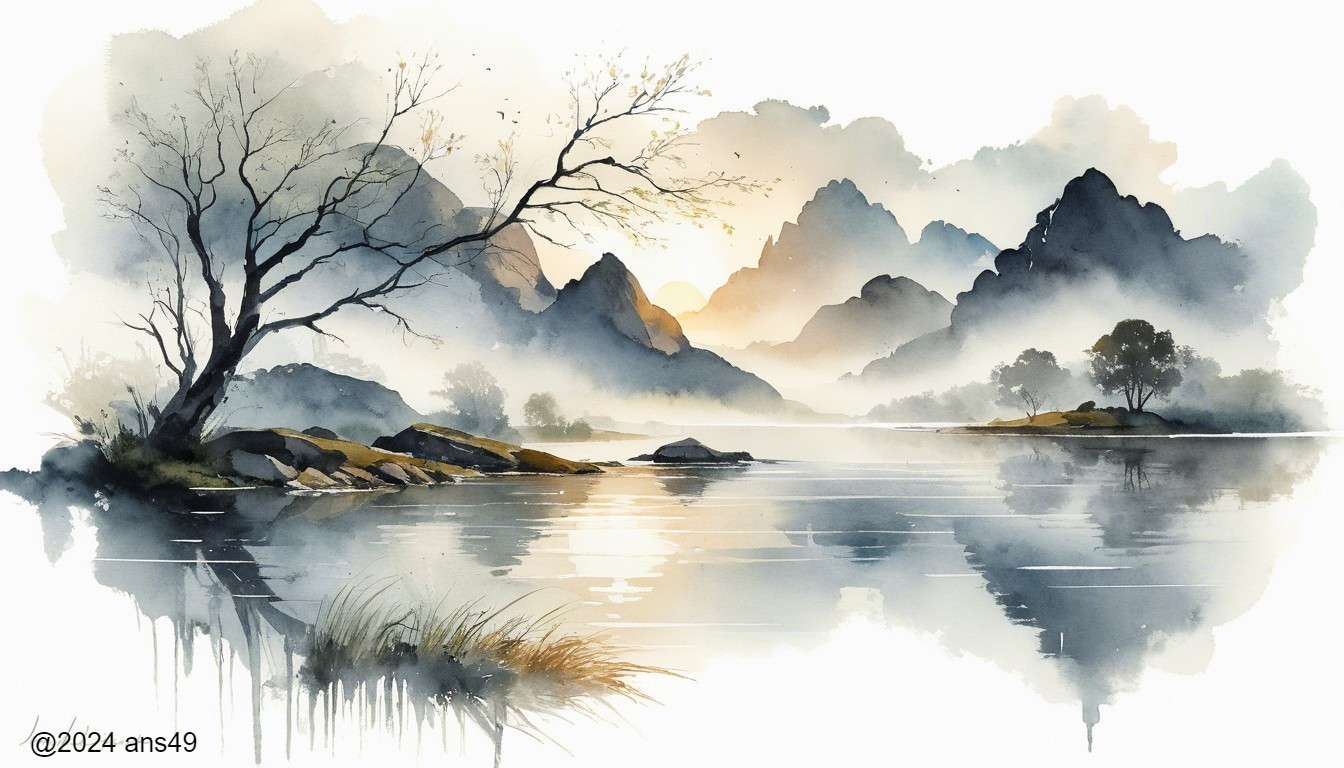 Misty Mountain Landscape with Calm Lake Reflection